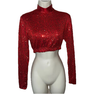 Girls Red Sequin Mock Neck Crop Top Dance Costume Long Sleeve Sz Med 8/10 Zipper